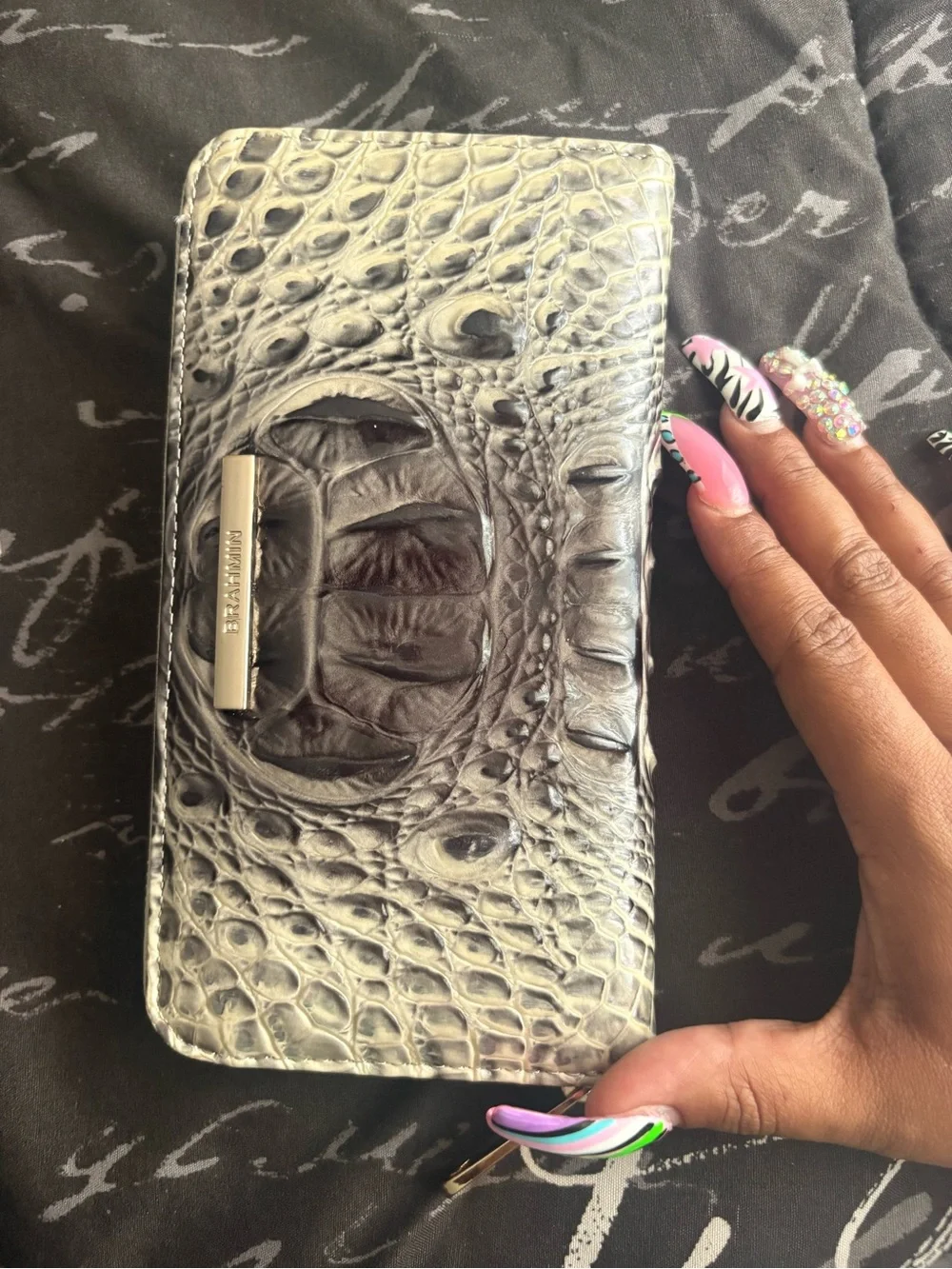 Brahmin Silver Croc-Embossed Zip Wallet